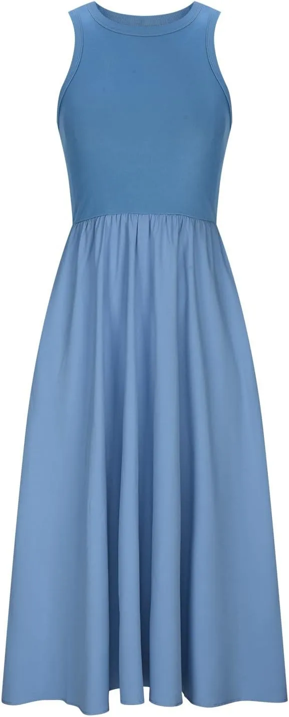 Midi Summer Dresses for Women 2024 Casual Ribbed Loose Fit a Line Dresses Solid Color Sleeveless Long Maxi Dresses