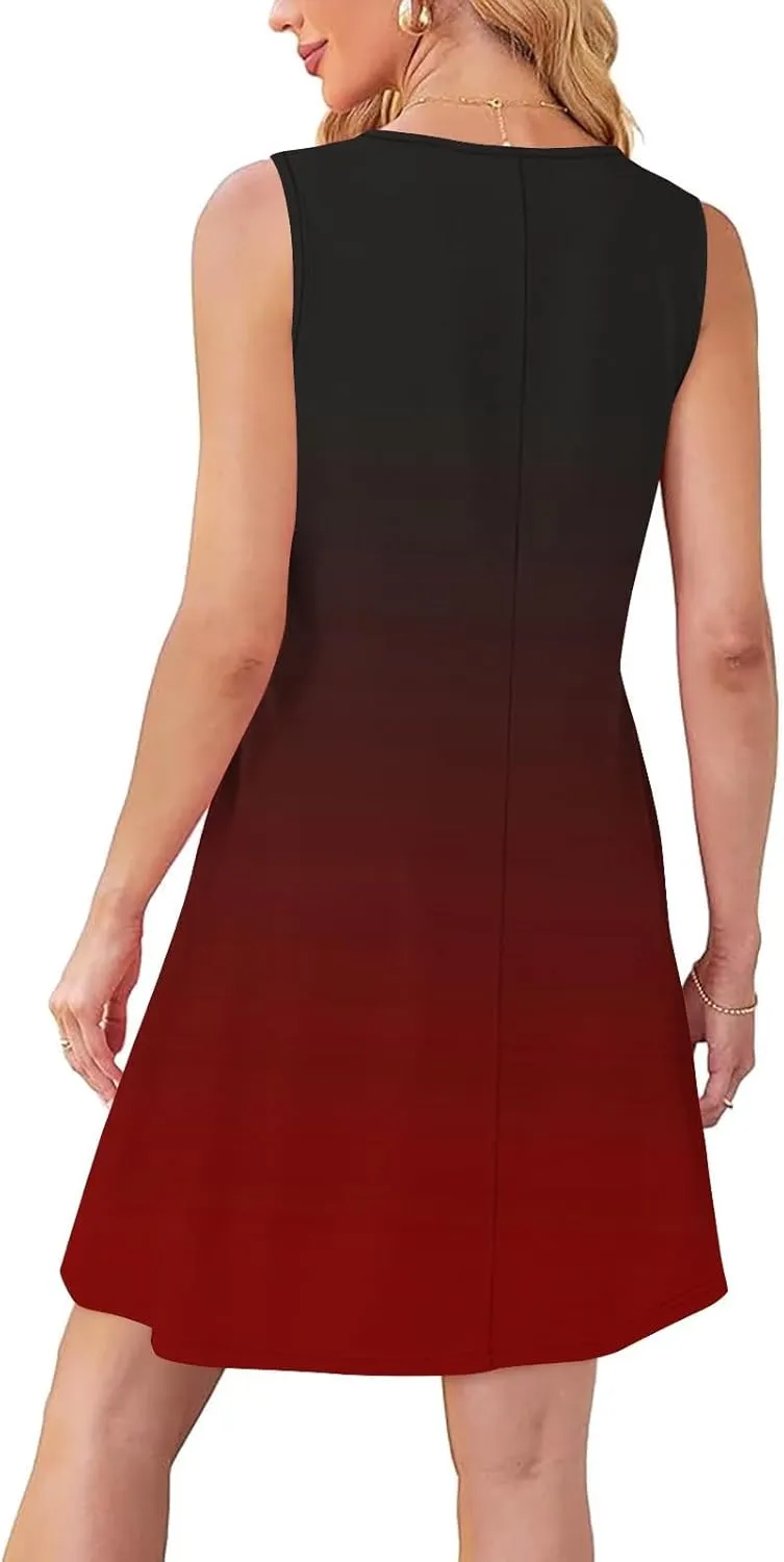 Mini Dresses for Women Casual Round Neck Short Sleeve Tunic Dress Comfy Ruched Gradient Colors Dress with Pockets