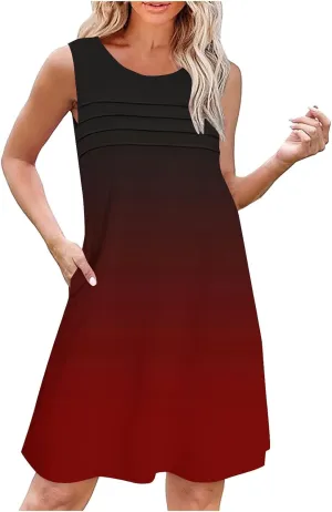 Mini Dresses for Women Casual Round Neck Short Sleeve Tunic Dress Comfy Ruched Gradient Colors Dress with Pockets