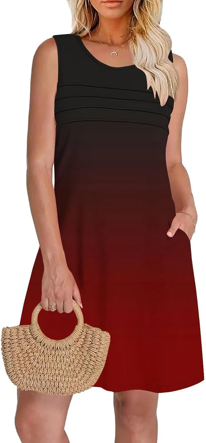 Mini Dresses for Women Casual Round Neck Short Sleeve Tunic Dress Comfy Ruched Gradient Colors Dress with Pockets