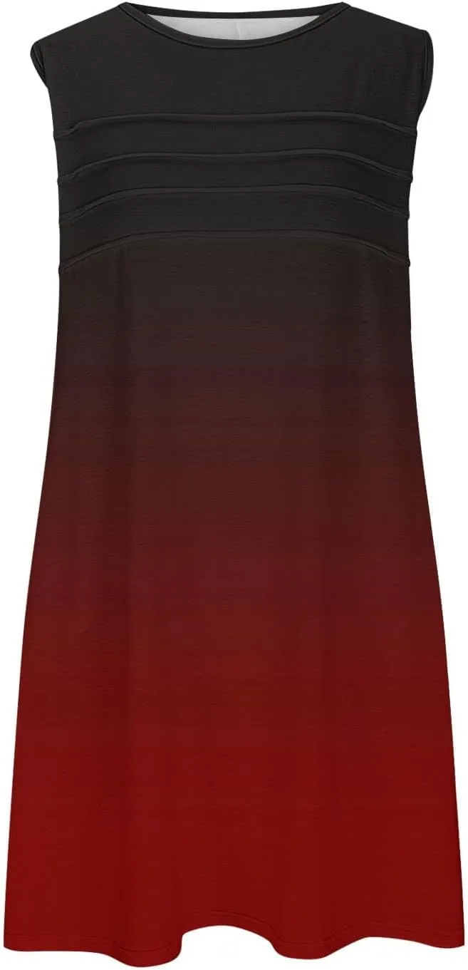 Mini Dresses for Women Casual Round Neck Short Sleeve Tunic Dress Comfy Ruched Gradient Colors Dress with Pockets