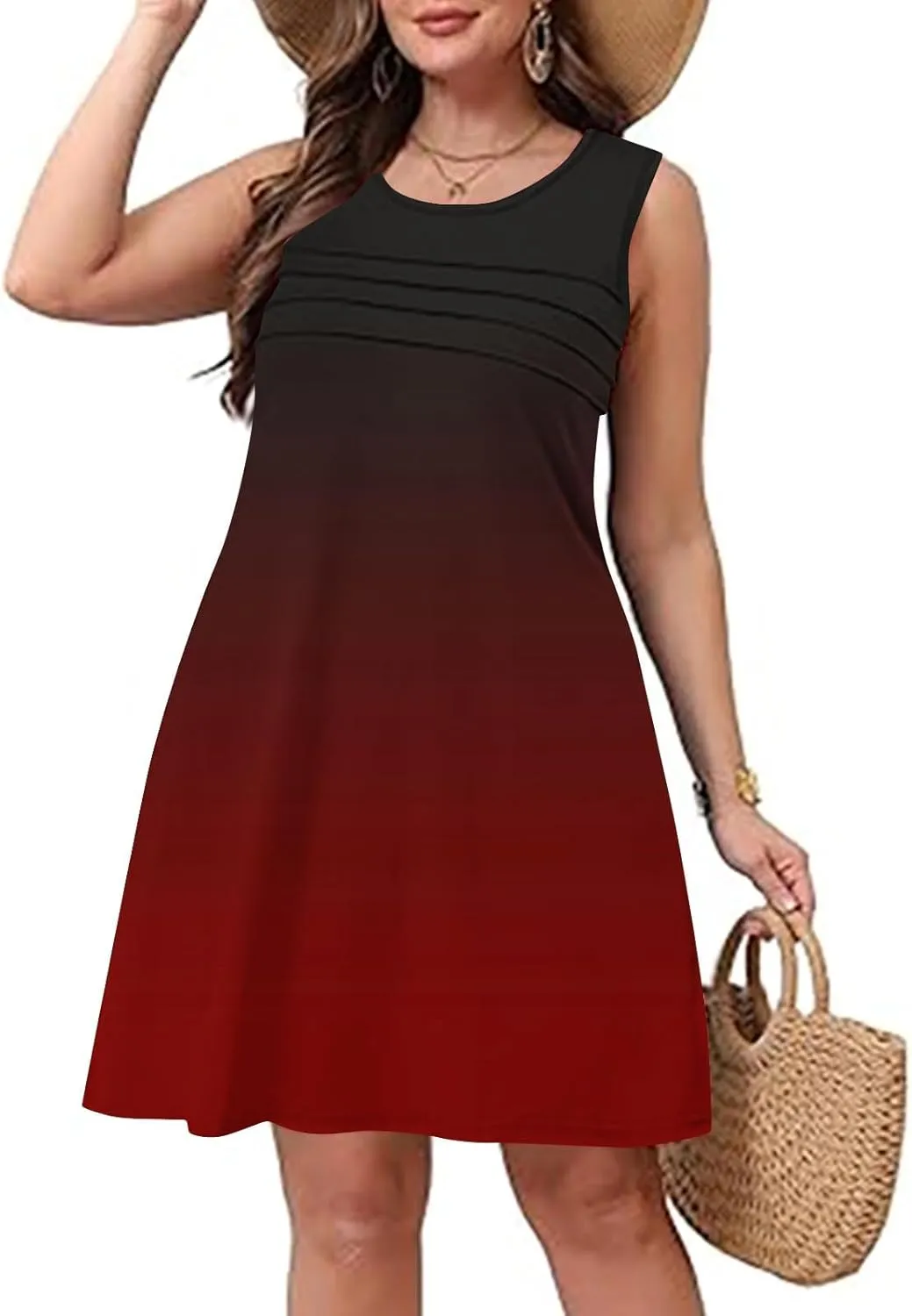 Mini Dresses for Women Casual Round Neck Short Sleeve Tunic Dress Comfy Ruched Gradient Colors Dress with Pockets