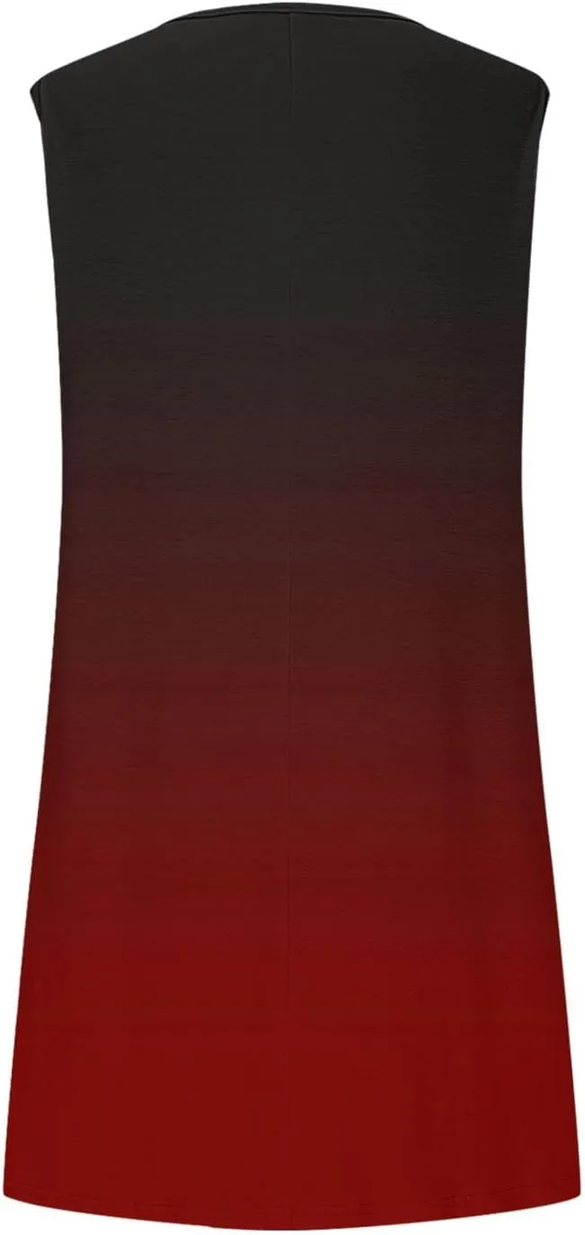 Mini Dresses for Women Casual Round Neck Short Sleeve Tunic Dress Comfy Ruched Gradient Colors Dress with Pockets