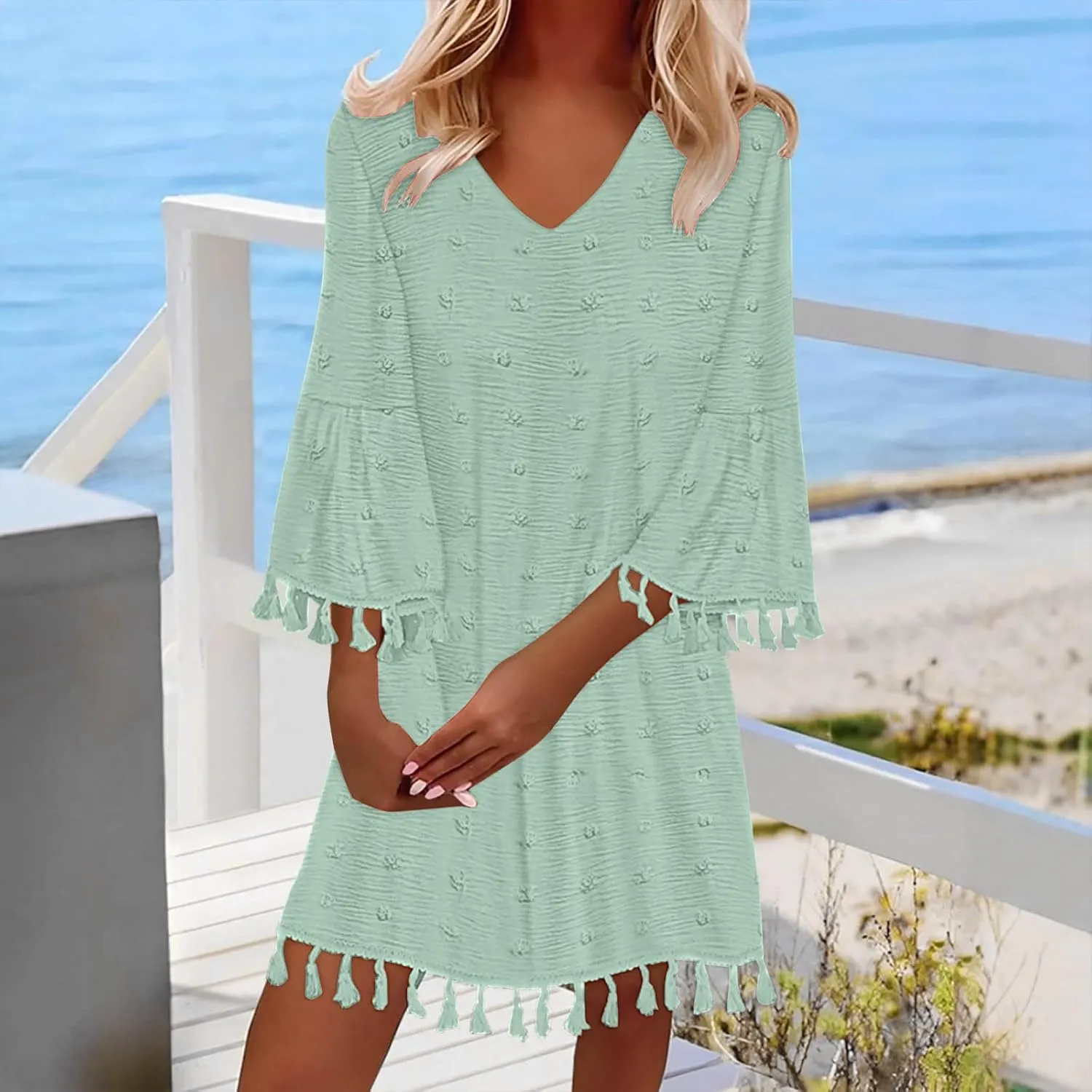 Mini Dresses for Women Casual V Neck Three Quarter Sleeve Tassels Dresses Cute Swiss Dots Cover Ups Dress