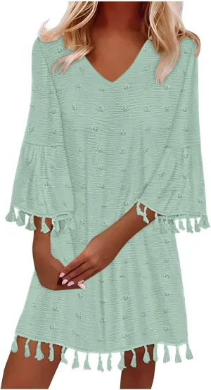 Mini Dresses for Women Casual V Neck Three Quarter Sleeve Tassels Dresses Cute Swiss Dots Cover Ups Dress