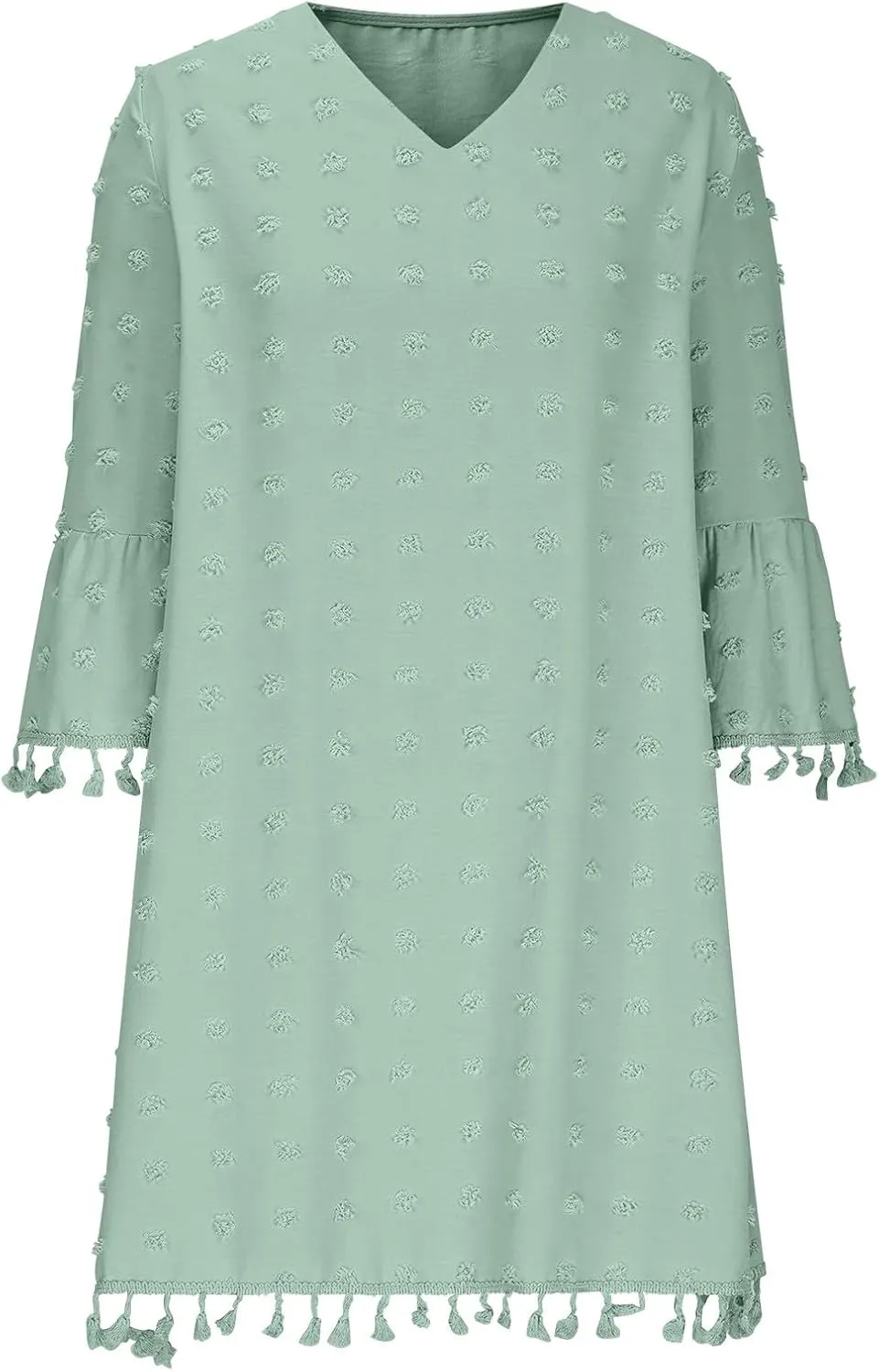 Mini Dresses for Women Casual V Neck Three Quarter Sleeve Tassels Dresses Cute Swiss Dots Cover Ups Dress
