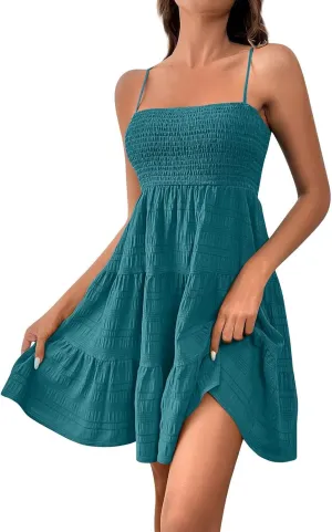 Mini Sundresses for Women Smocked Square Neck Spaghetti Strap Skater Dress Summer Loose Comfy Tiered Ruffle DressGreen,Small