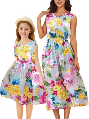 Mommy and Me Family Matching Dresses Summer Floral Print Dress Ruffle A-Line Flowy Beach Sundresses Sleeveless Dress