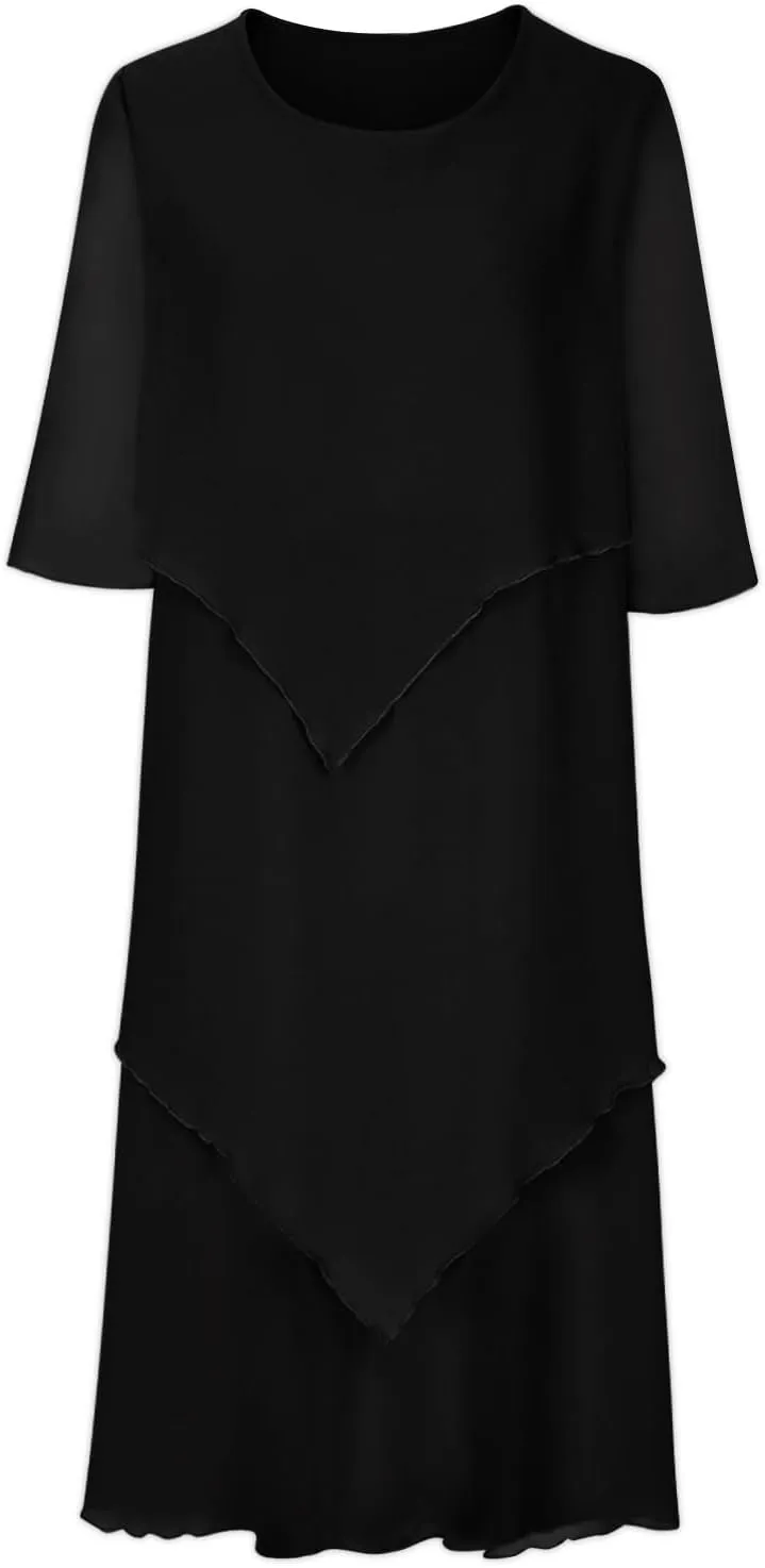Mother of The Bride Dresses for Wedding 2025 Plus Size 3/4 Sleeve Crewneck Solid Tiered Chiffon Casual Midi Dress