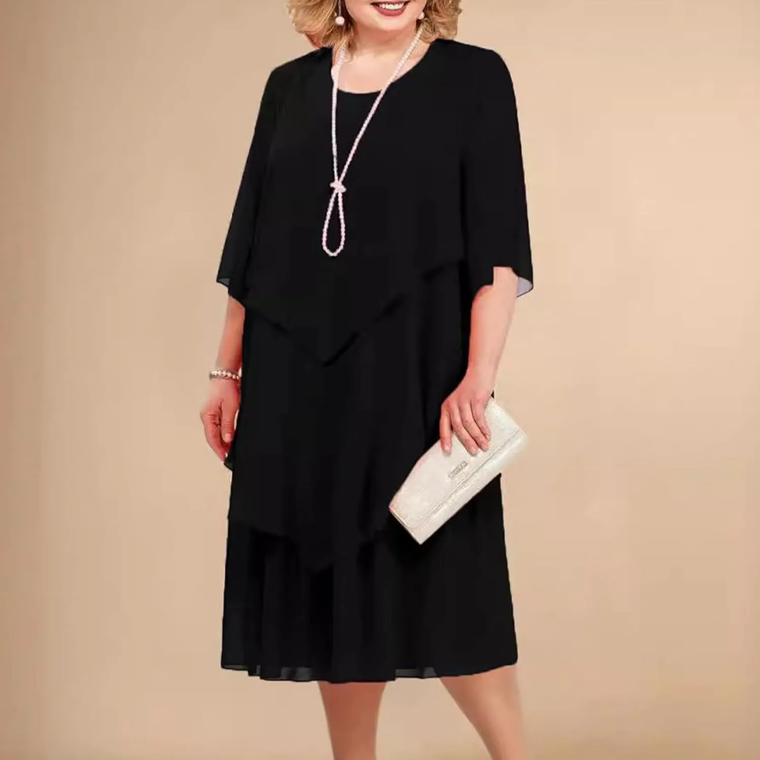 Mother of The Bride Dresses for Wedding 2025 Plus Size 3/4 Sleeve Crewneck Solid Tiered Chiffon Casual Midi Dress