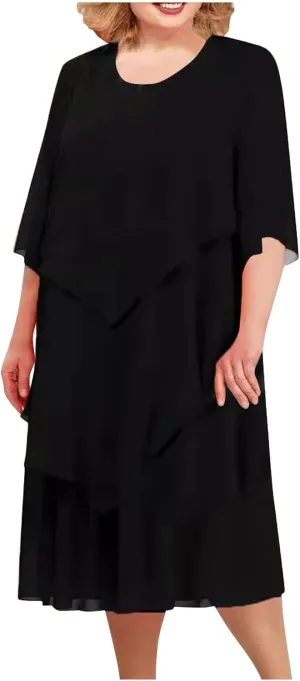 Mother of The Bride Dresses for Wedding 2025 Plus Size 3/4 Sleeve Crewneck Solid Tiered Chiffon Casual Midi Dress