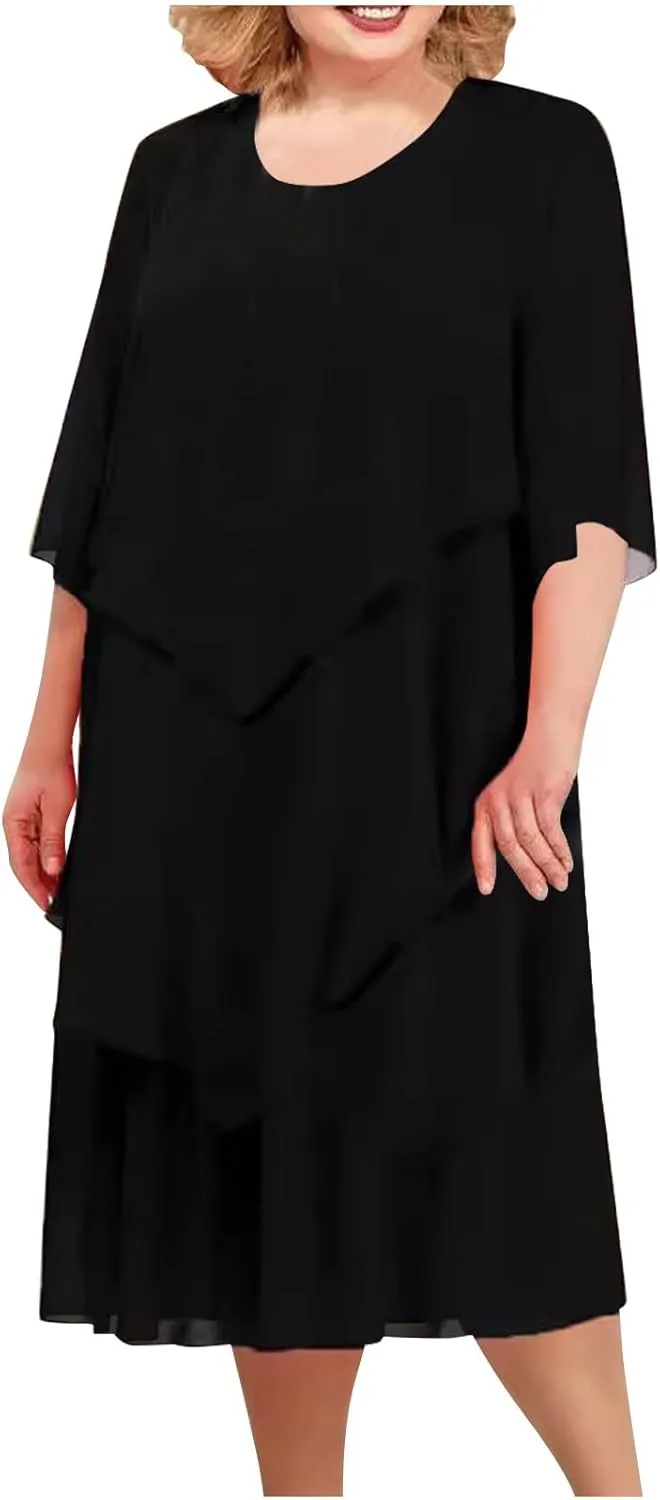 Mother of The Bride Dresses for Wedding 2025 Plus Size 3/4 Sleeve Crewneck Solid Tiered Chiffon Casual Midi Dress