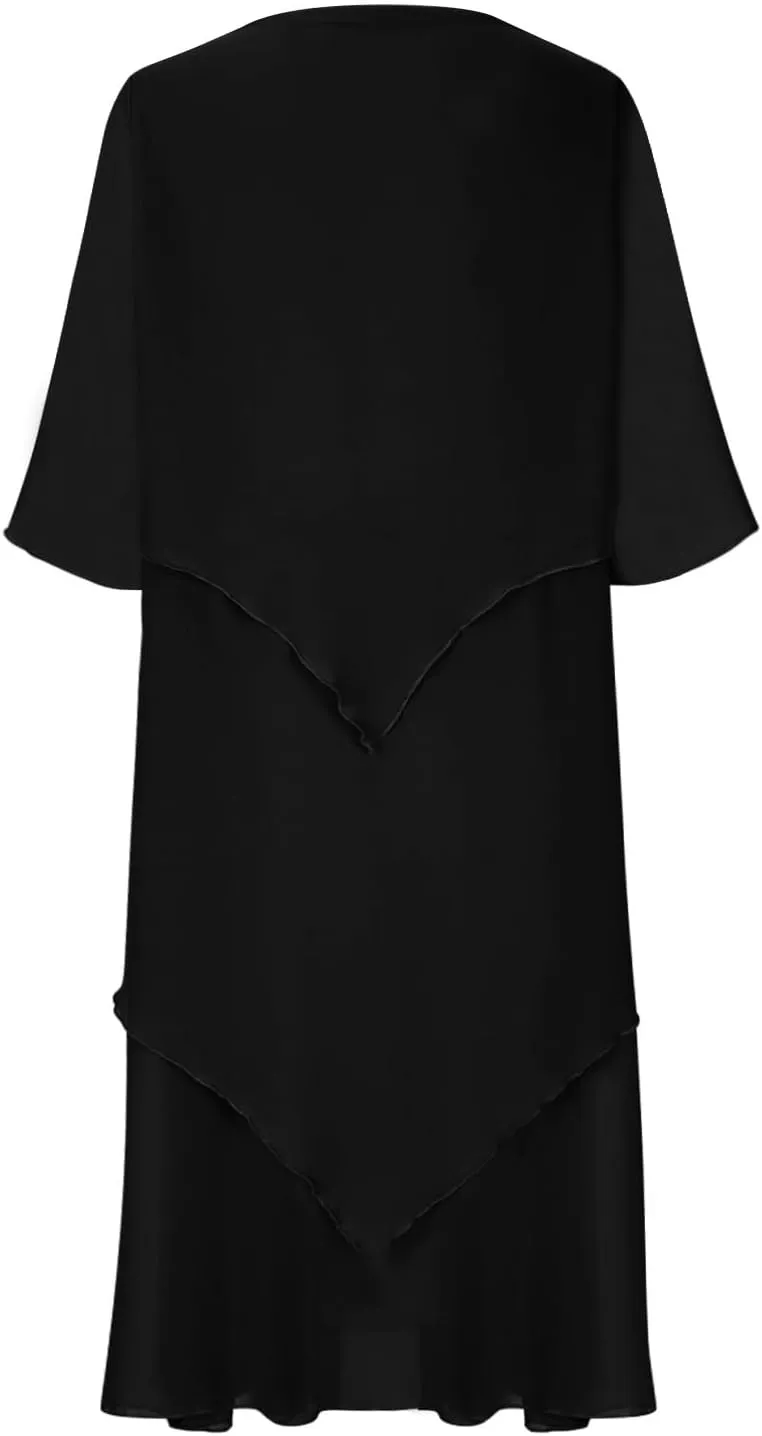 Mother of The Bride Dresses for Wedding 2025 Plus Size 3/4 Sleeve Crewneck Solid Tiered Chiffon Casual Midi Dress