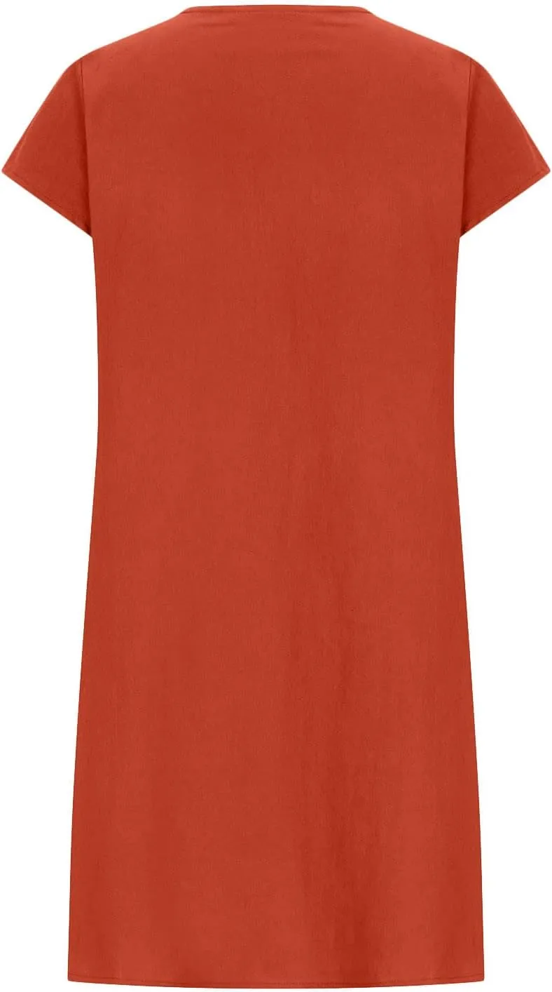 Mzkdieey Women's Cotton Linen Dress Summer Short Sleeve Pleated Midi Dresses Plus Size Plain Loose Beach Party T Shirt Dress