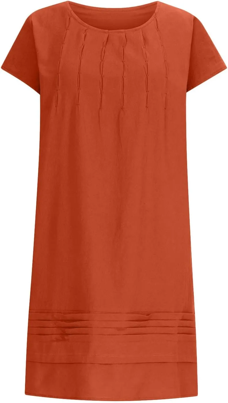 Mzkdieey Women's Cotton Linen Dress Summer Short Sleeve Pleated Midi Dresses Plus Size Plain Loose Beach Party T Shirt Dress