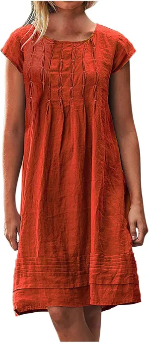 Mzkdieey Women's Cotton Linen Dress Summer Short Sleeve Pleated Midi Dresses Plus Size Plain Loose Beach Party T Shirt Dress