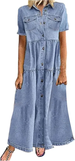 NaRHbrg Plus Size Dresses for Women Summer Denim Shirt Dress Short Sleeves Button Down Casual Maxi Dress Beach Sundress