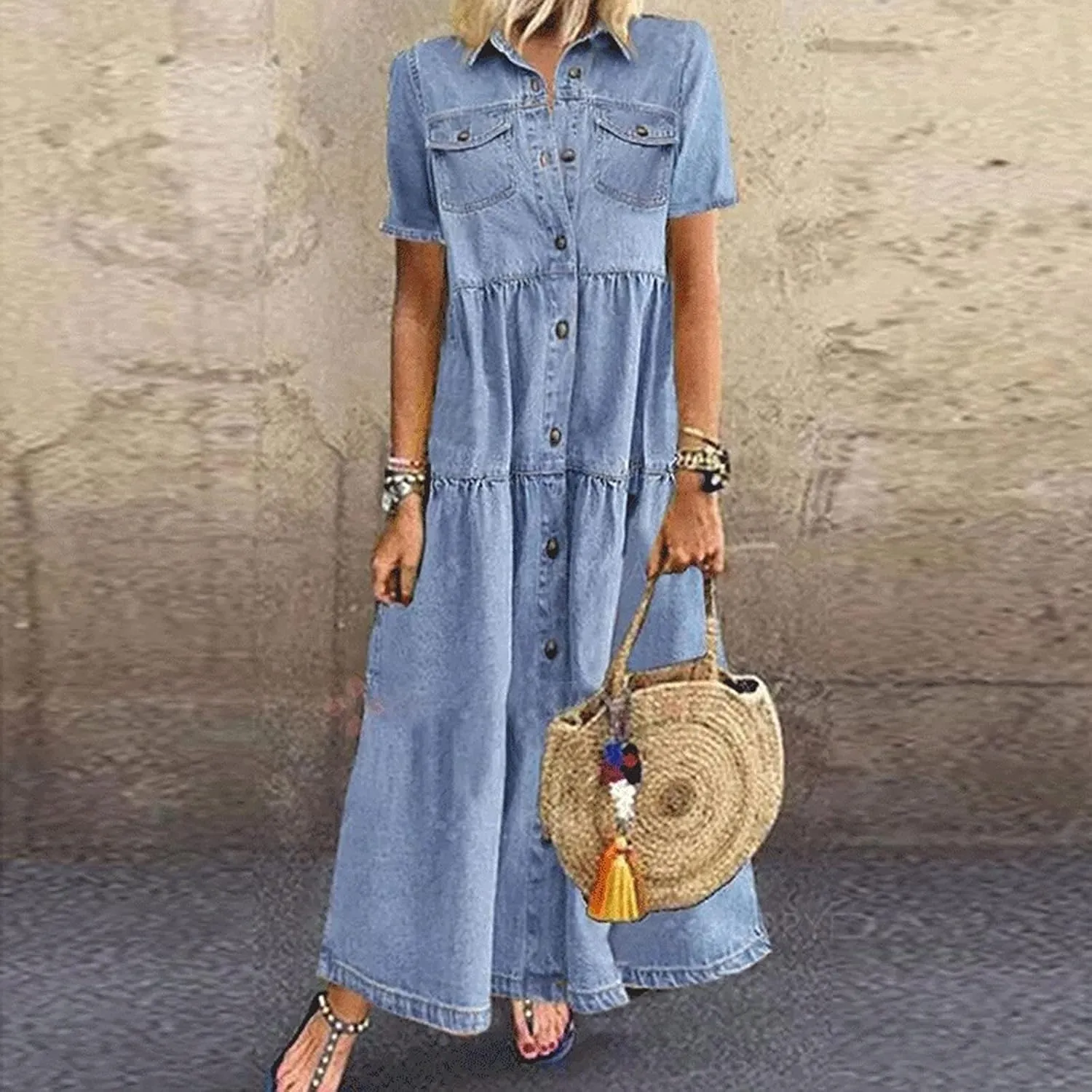 NaRHbrg Plus Size Dresses for Women Summer Denim Shirt Dress Short Sleeves Button Down Casual Maxi Dress Beach Sundress