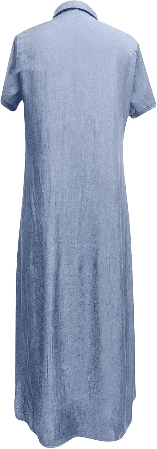 NaRHbrg Plus Size Dresses for Women Summer Denim Shirt Dress Short Sleeves Button Down Casual Maxi Dress Beach Sundress