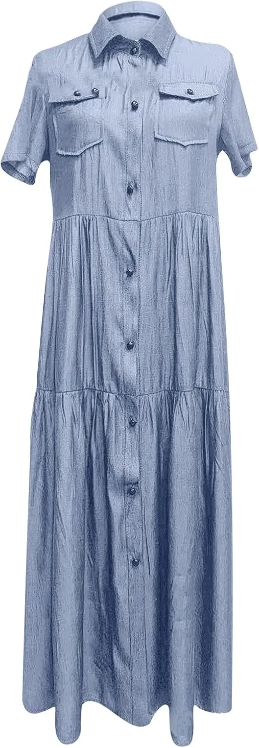 NaRHbrg Plus Size Dresses for Women Summer Denim Shirt Dress Short Sleeves Button Down Casual Maxi Dress Beach Sundress
