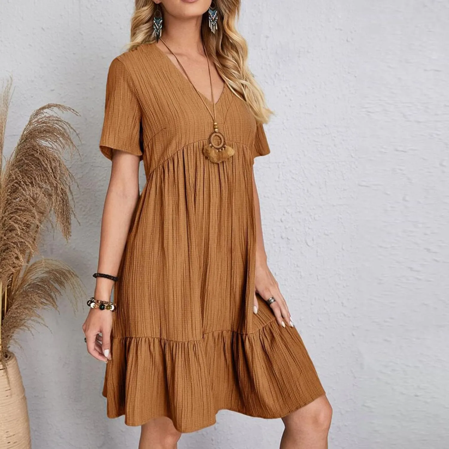 NaRHbrg Women's Casual Short Sleeve Dress V Neck Flowy Babydoll Summer A-Line Tunic Dresses Loose Fit Lightweight Sundress