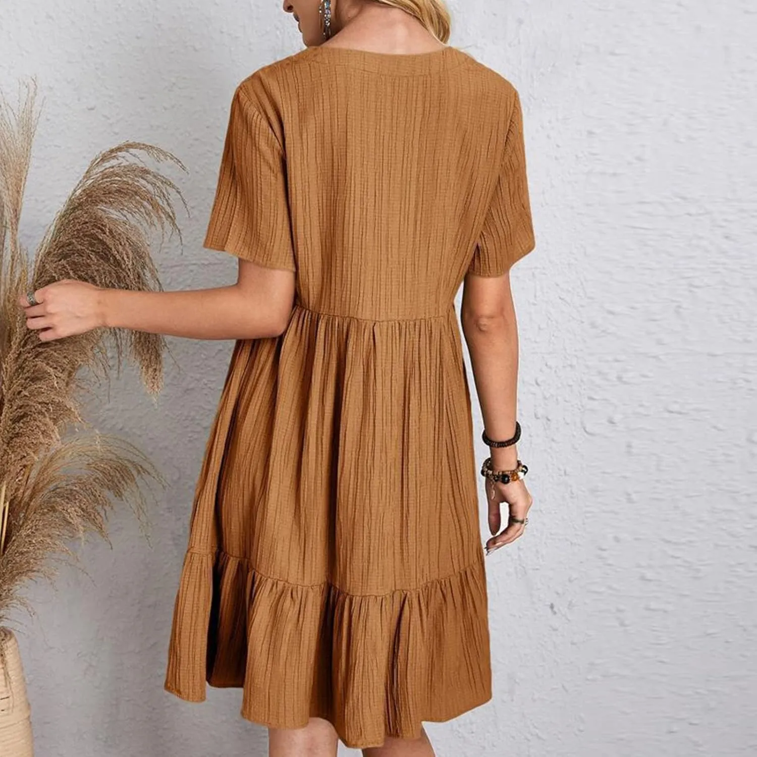NaRHbrg Women's Casual Short Sleeve Dress V Neck Flowy Babydoll Summer A-Line Tunic Dresses Loose Fit Lightweight Sundress