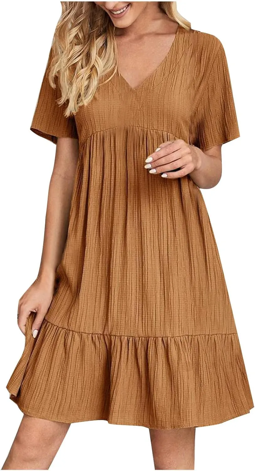 NaRHbrg Women's Casual Short Sleeve Dress V Neck Flowy Babydoll Summer A-Line Tunic Dresses Loose Fit Lightweight Sundress