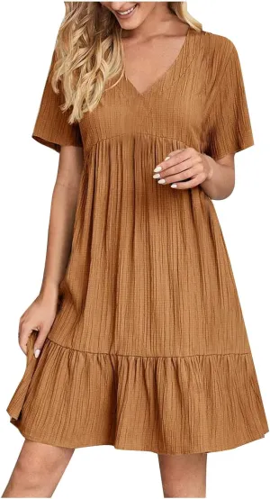 NaRHbrg Women's Casual Short Sleeve Dress V Neck Flowy Babydoll Summer A-Line Tunic Dresses Loose Fit Lightweight Sundress