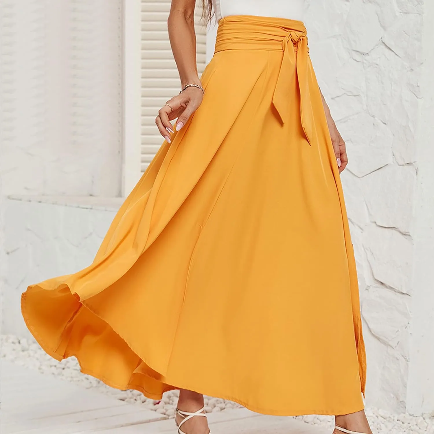 NATHGAM Long Skirts for Women High Waist Bowknot A-Line Prom Party Skirt Long Satin Floor Length Pleated Maxi Skirt Flowy Hem