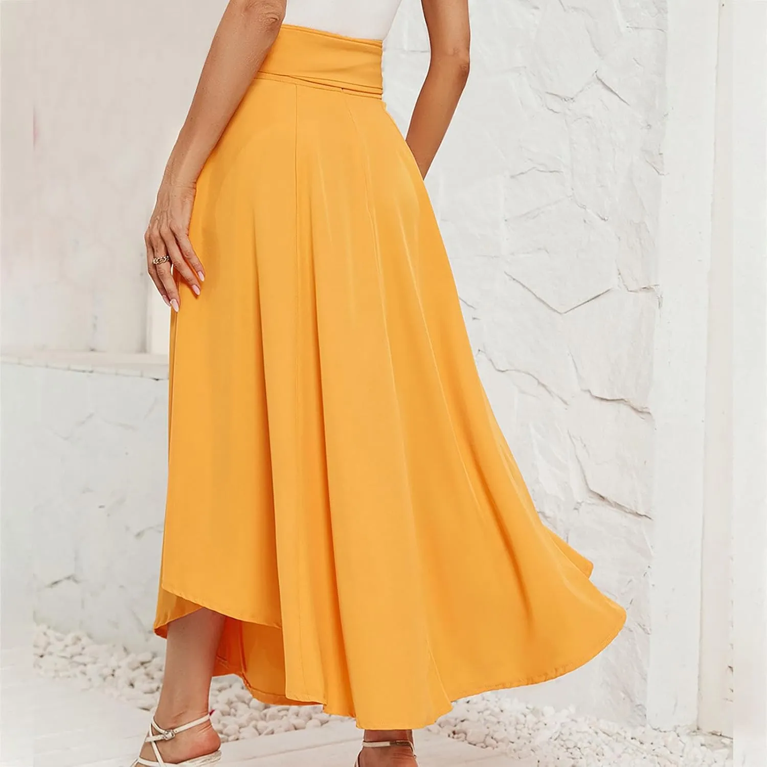 NATHGAM Long Skirts for Women High Waist Bowknot A-Line Prom Party Skirt Long Satin Floor Length Pleated Maxi Skirt Flowy Hem