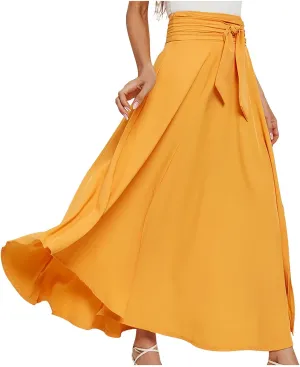 NATHGAM Long Skirts for Women High Waist Bowknot A-Line Prom Party Skirt Long Satin Floor Length Pleated Maxi Skirt Flowy Hem