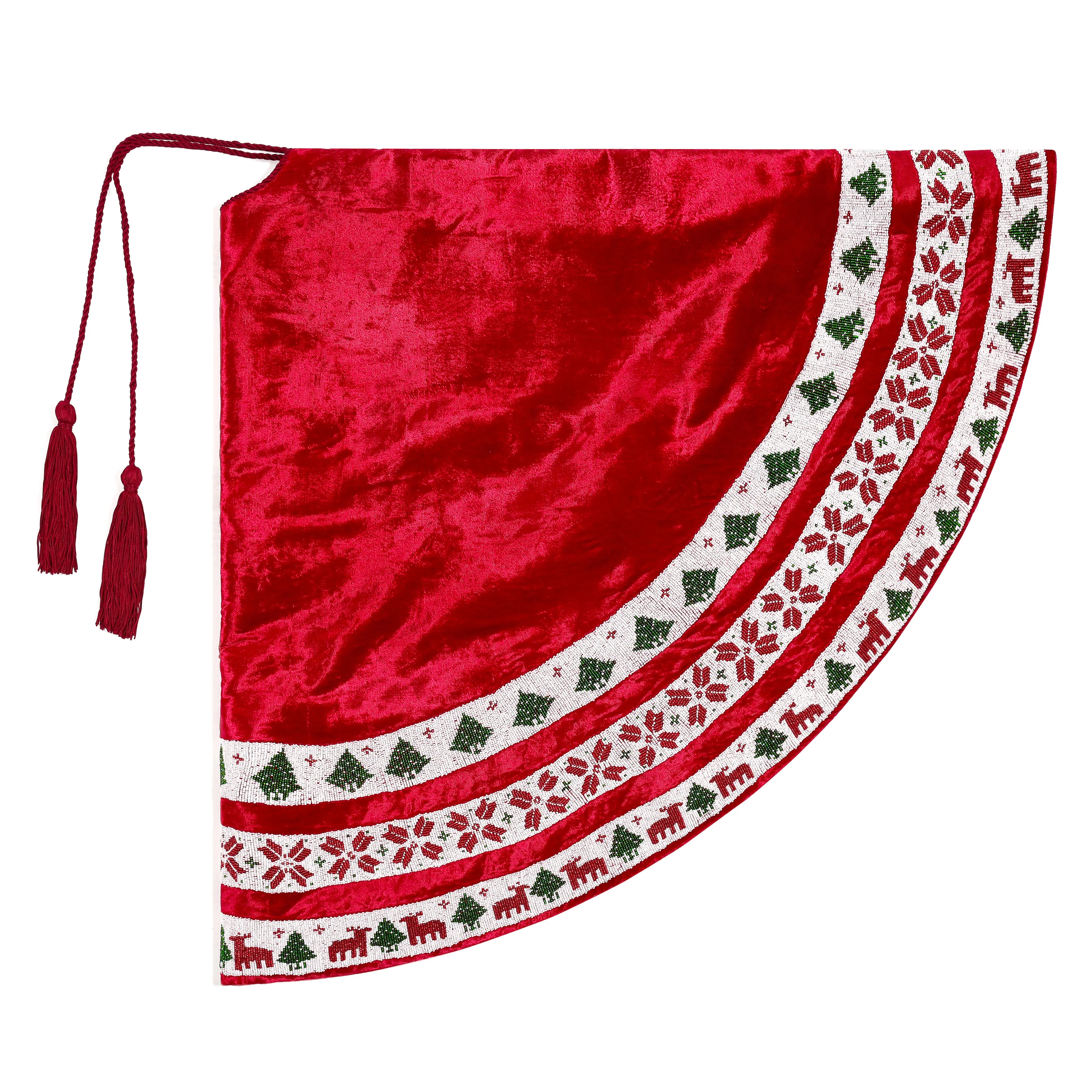 Nordic Christmas Tapestry Red Velvet Christmas Tree Skirt