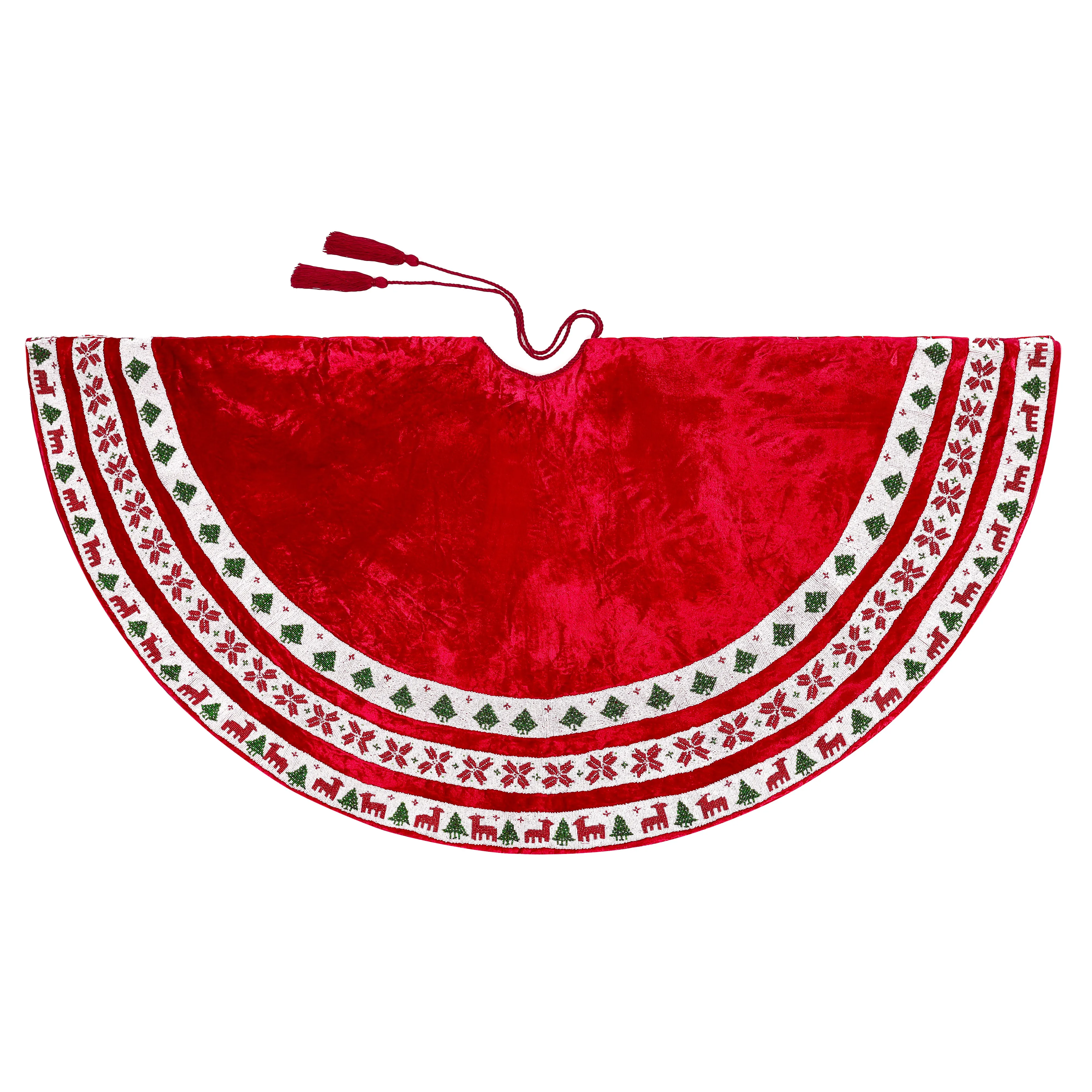 Nordic Christmas Tapestry Red Velvet Christmas Tree Skirt