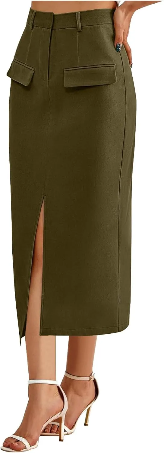 Office Work Split Pencil Skirt for Women Cotton High Waist Slim Bodycon Hip Hugging Skirt Maxi Long Pencil Skirts