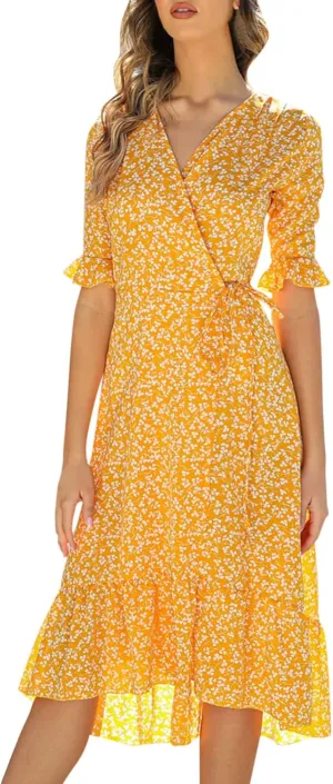Ollysqiar Dresses Women's 2023 Floral Summer Dress Wrap V Neck Short Sleeve Belted Ruffle Hem A-Line Bohemian Dresses A02 16