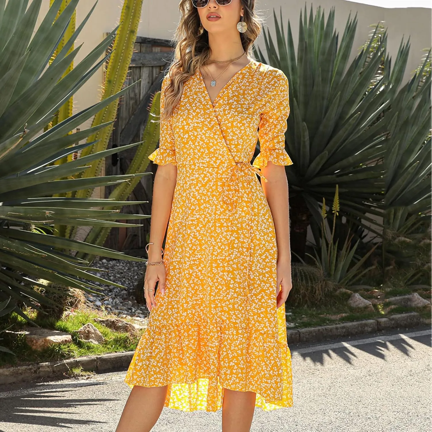 Ollysqiar Dresses Women's 2023 Floral Summer Dress Wrap V Neck Short Sleeve Belted Ruffle Hem A-Line Bohemian Dresses A02 16