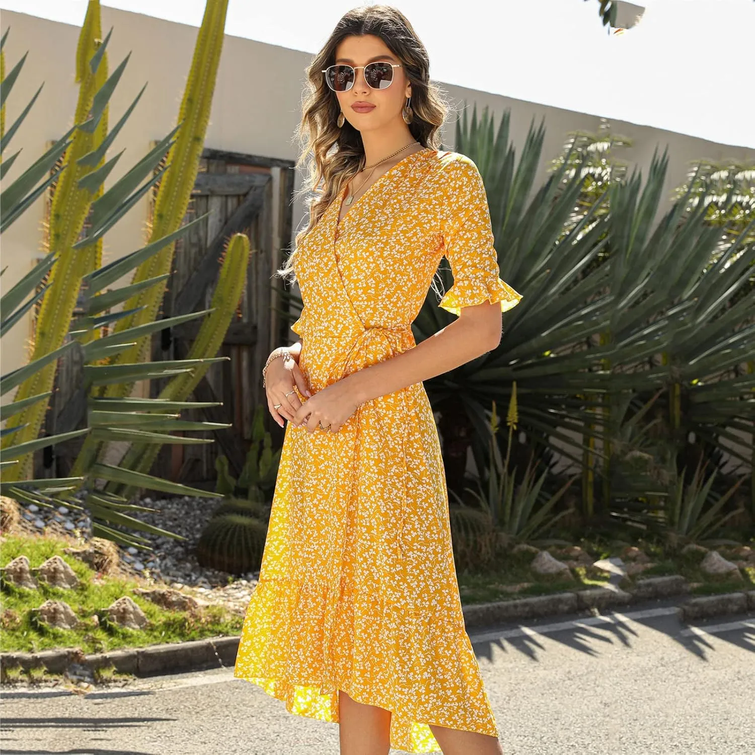 Ollysqiar Dresses Women's 2023 Floral Summer Dress Wrap V Neck Short Sleeve Belted Ruffle Hem A-Line Bohemian Dresses A02 16