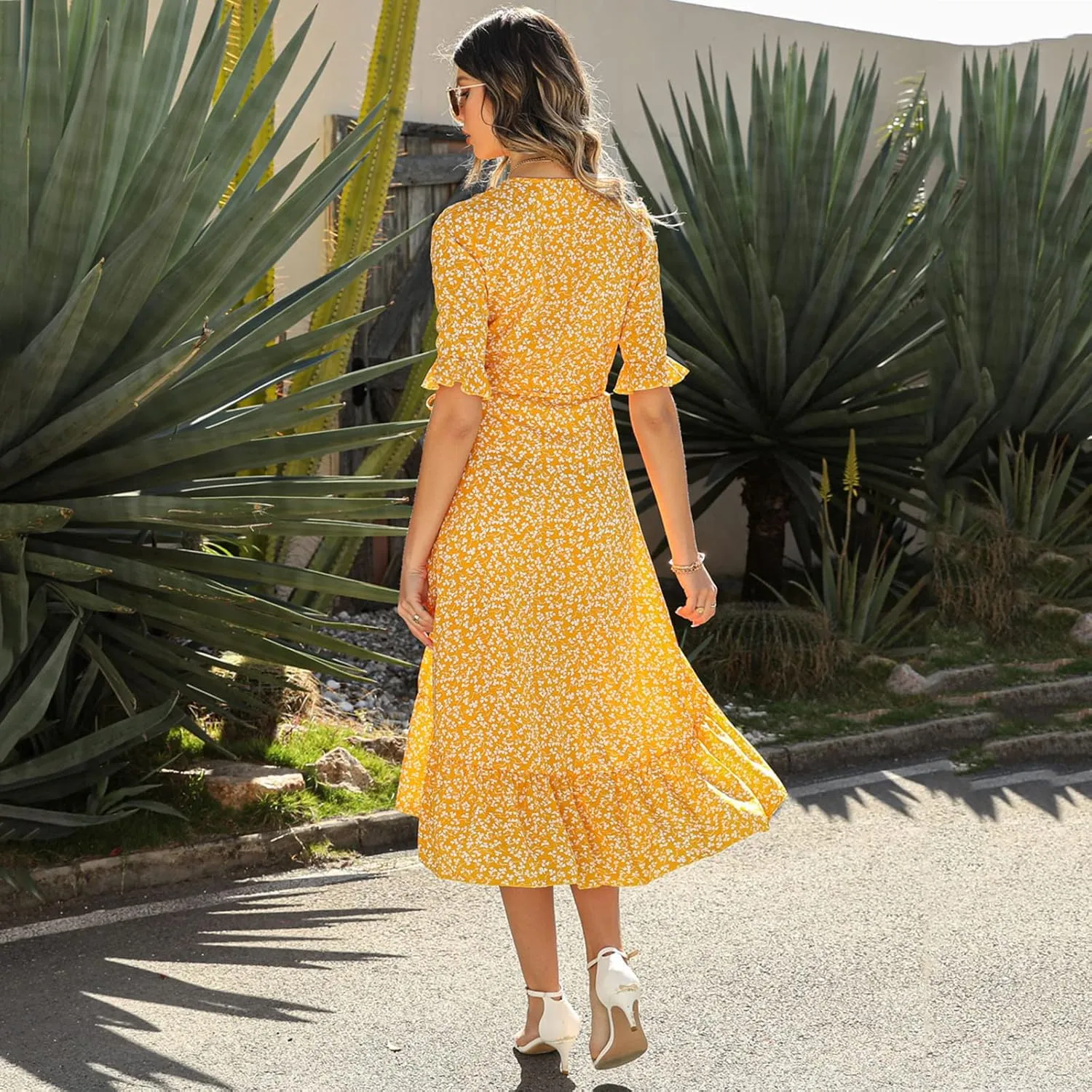 Ollysqiar Dresses Women's 2023 Floral Summer Dress Wrap V Neck Short Sleeve Belted Ruffle Hem A-Line Bohemian Dresses A02 16
