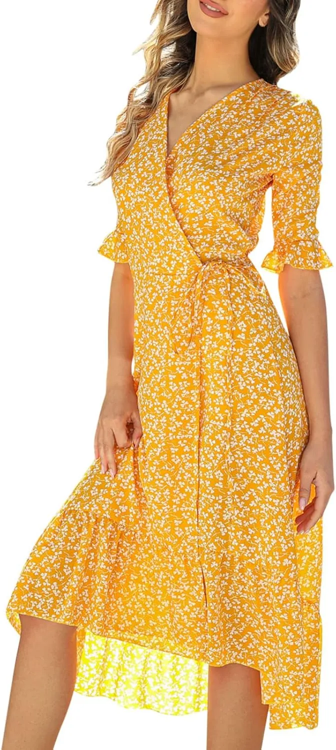 Ollysqiar Dresses Women's 2023 Floral Summer Dress Wrap V Neck Short Sleeve Belted Ruffle Hem A-Line Bohemian Dresses A02 16