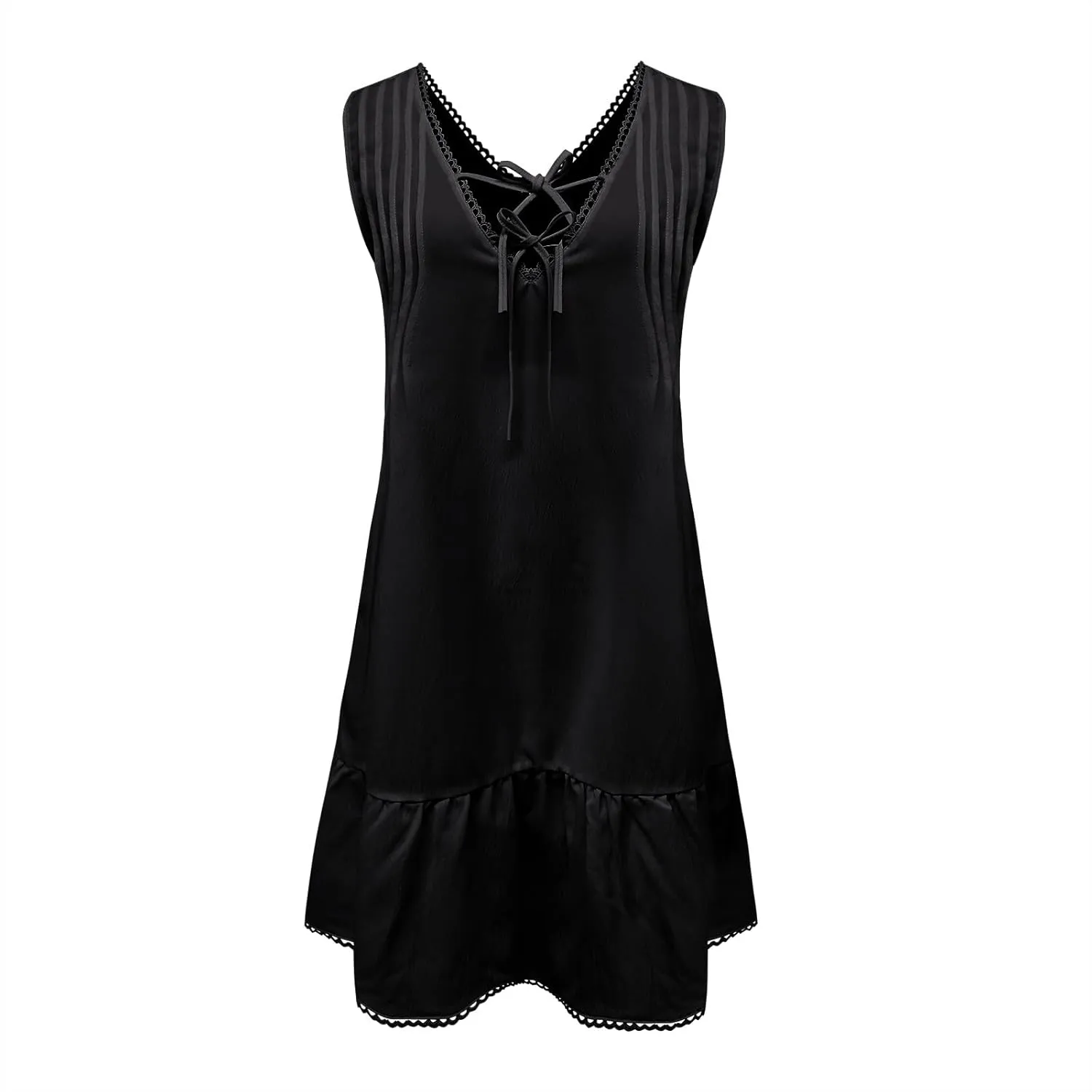 Oplxuo Women's Ruffle Hem Sleeveless Mini Dress V-Neck Tie Front Pleated Casual Solid Color Tank Dresses Summer Sundresses