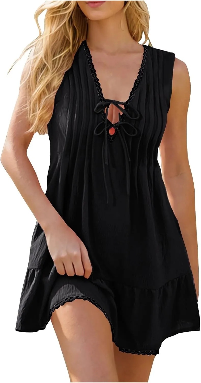 Oplxuo Women's Ruffle Hem Sleeveless Mini Dress V-Neck Tie Front Pleated Casual Solid Color Tank Dresses Summer Sundresses