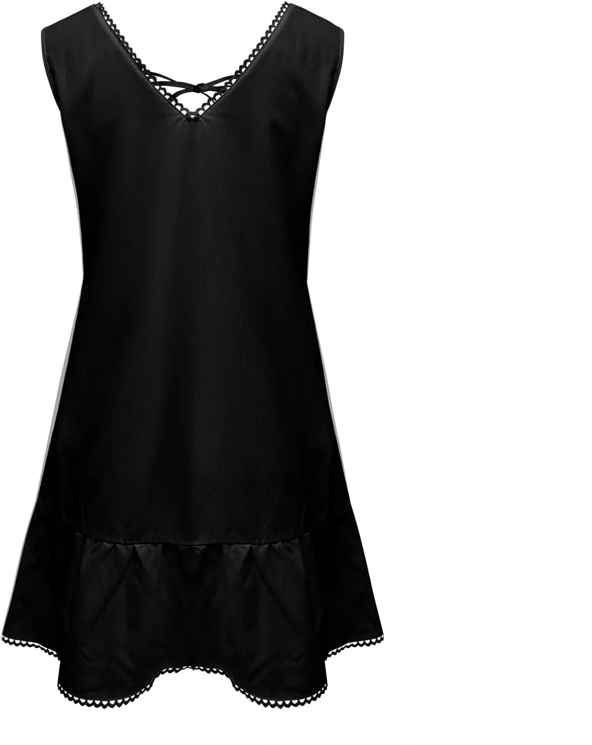 Oplxuo Women's Ruffle Hem Sleeveless Mini Dress V-Neck Tie Front Pleated Casual Solid Color Tank Dresses Summer Sundresses