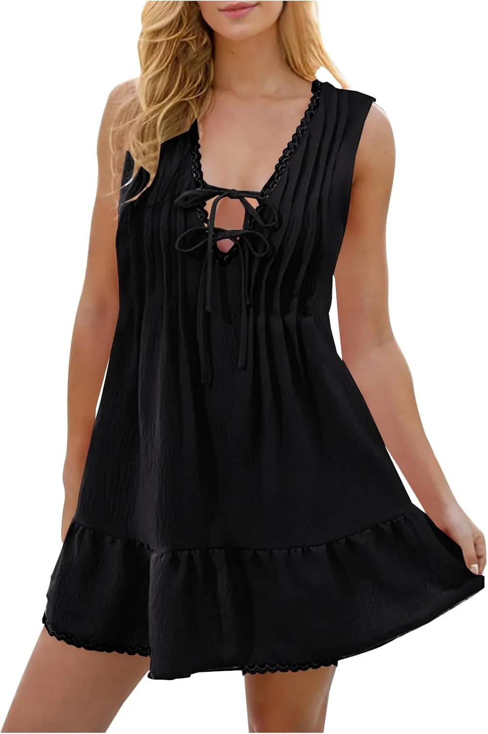 Oplxuo Women's Ruffle Hem Sleeveless Mini Dress V-Neck Tie Front Pleated Casual Solid Color Tank Dresses Summer Sundresses