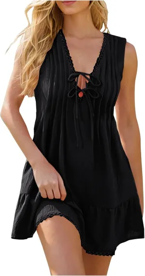 Oplxuo Women's Ruffle Hem Sleeveless Mini Dress V-Neck Tie Front Pleated Casual Solid Color Tank Dresses Summer Sundresses