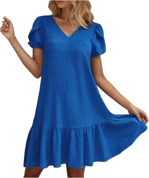 Oplxuo Womens Summer Babydoll Dress Petal Sleeve V Neck Mini Dresses Casual Ruffle Flowy Tiered Boho Beach Vacation Sundress
