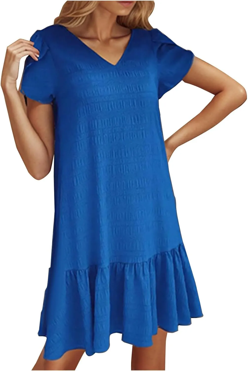 Oplxuo Womens Summer Babydoll Dress Petal Sleeve V Neck Mini Dresses Casual Ruffle Flowy Tiered Boho Beach Vacation Sundress