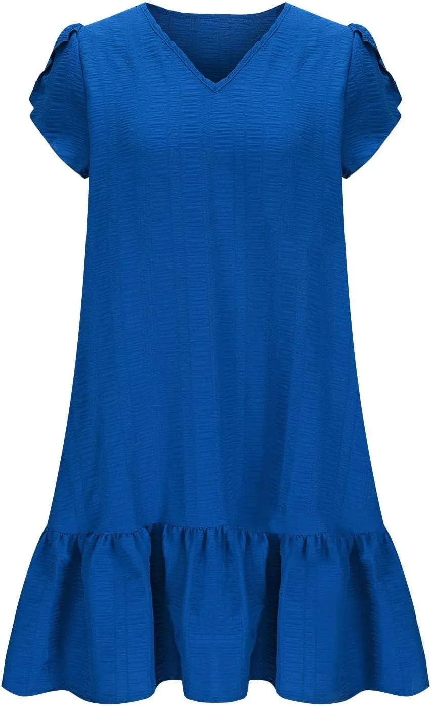 Oplxuo Womens Summer Babydoll Dress Petal Sleeve V Neck Mini Dresses Casual Ruffle Flowy Tiered Boho Beach Vacation Sundress