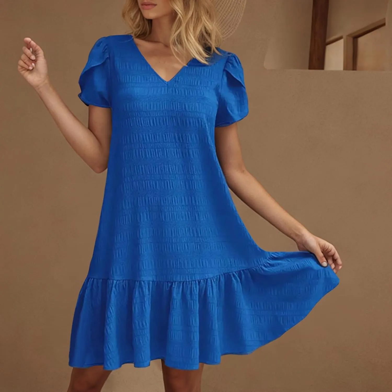 Oplxuo Womens Summer Babydoll Dress Petal Sleeve V Neck Mini Dresses Casual Ruffle Flowy Tiered Boho Beach Vacation Sundress