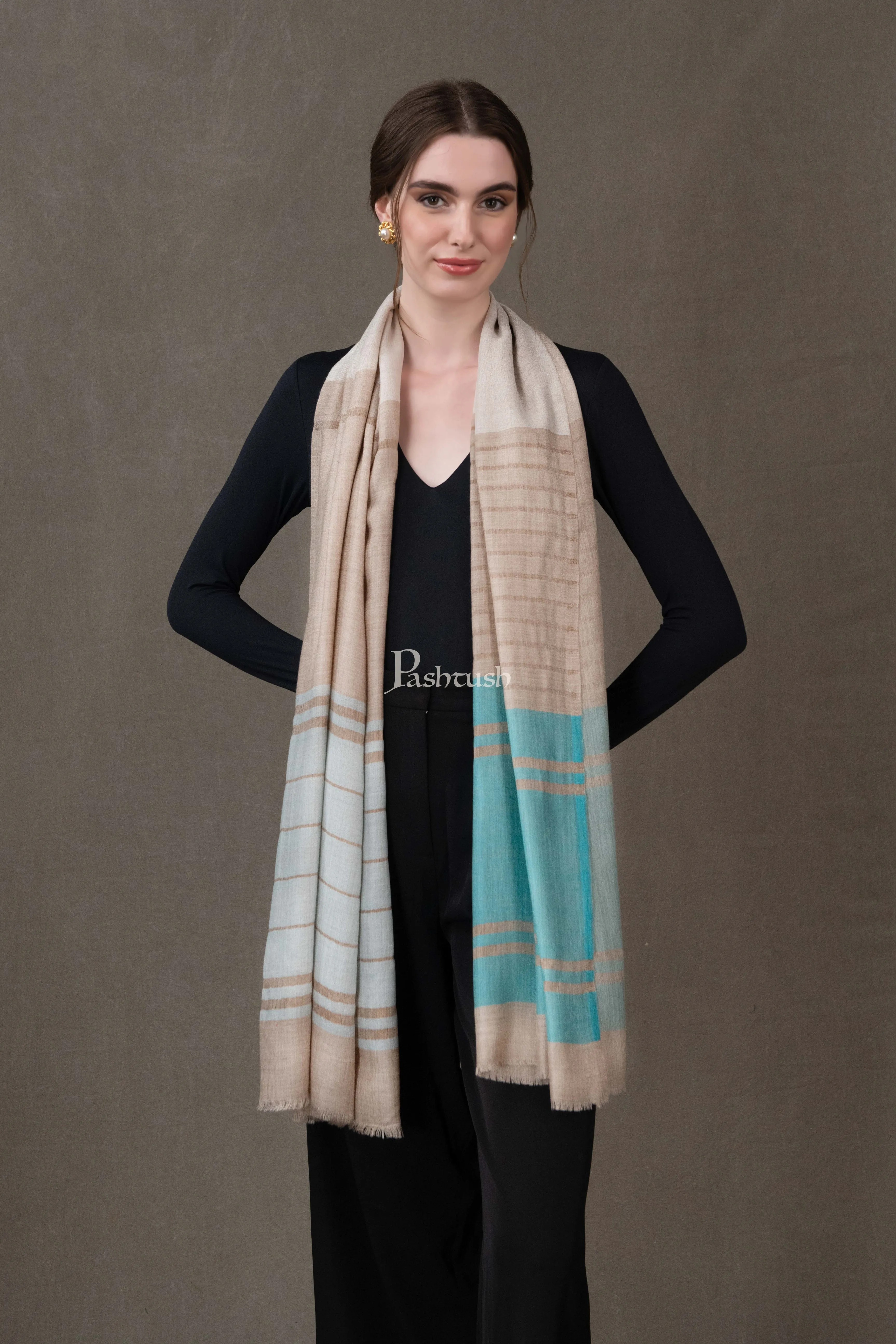 Pashtush Womens Stole, Extra Fine Wool-Silk, Twilight Collection, Beige and Aqua Blue