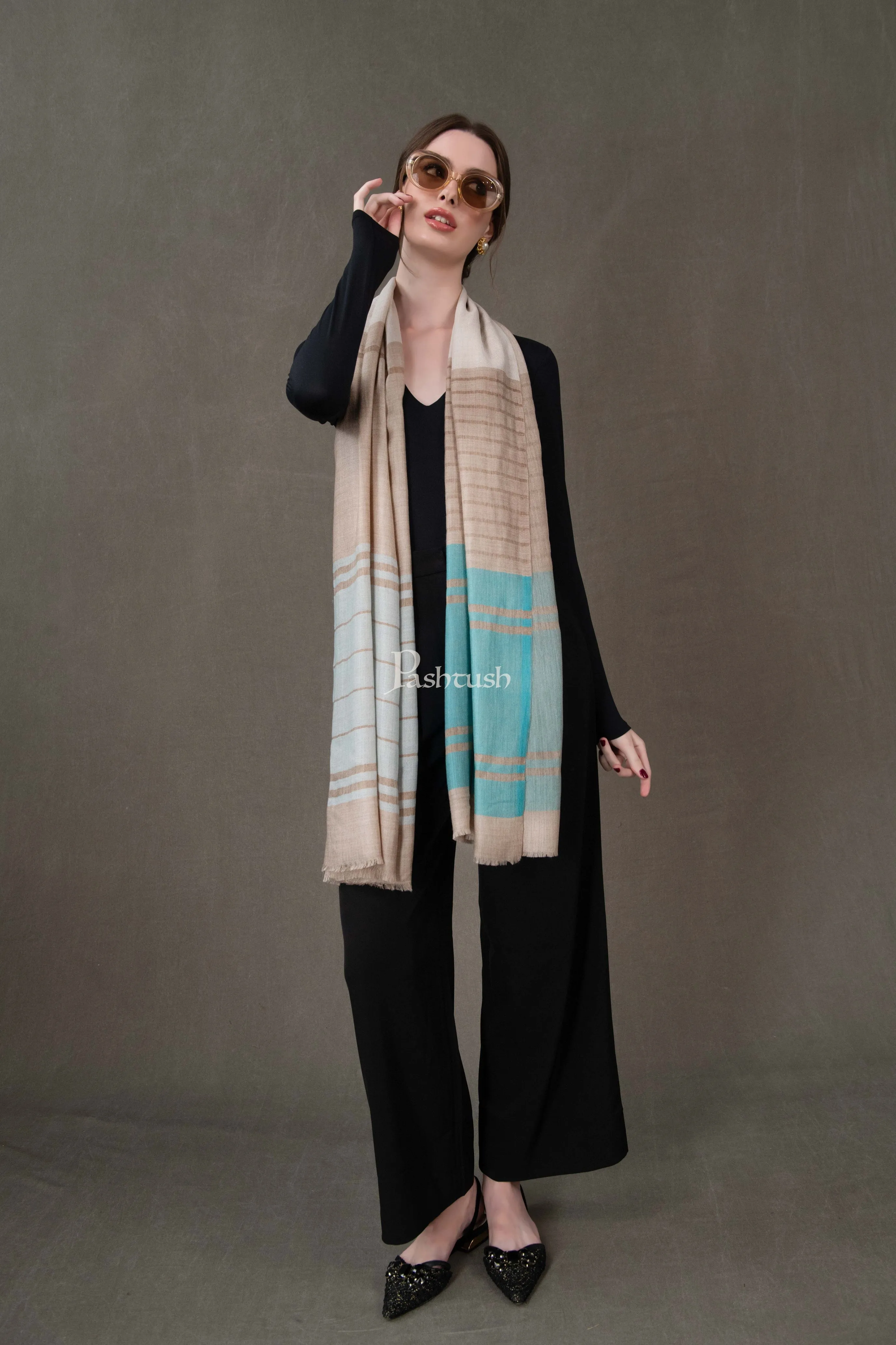 Pashtush Womens Stole, Extra Fine Wool-Silk, Twilight Collection, Beige and Aqua Blue